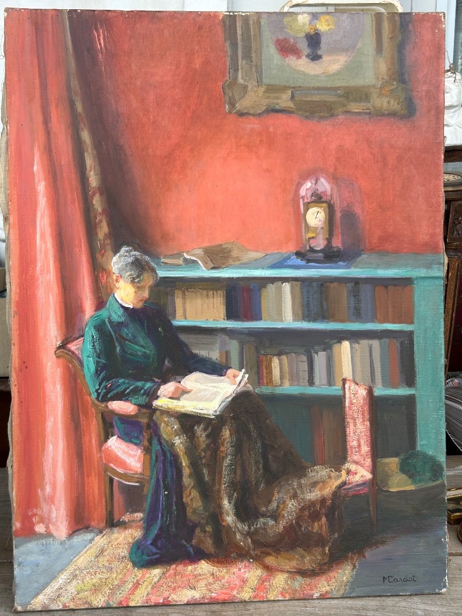 Mèryem Cardot 20th Century Oil On Canvas - Interior Scene - Woman Reading Around 1940-photo-2