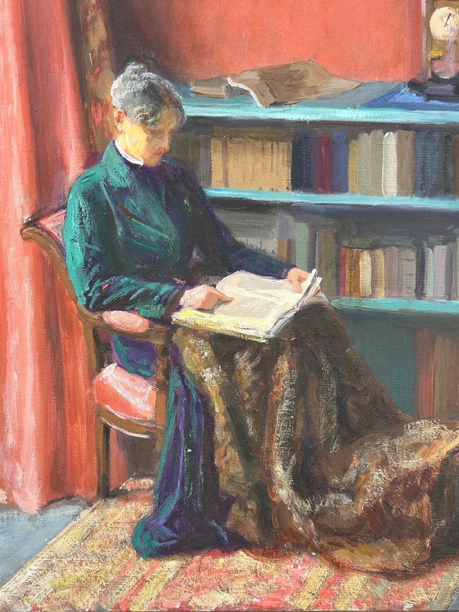 Mèryem Cardot 20th Century Oil On Canvas - Interior Scene - Woman Reading Around 1940-photo-3