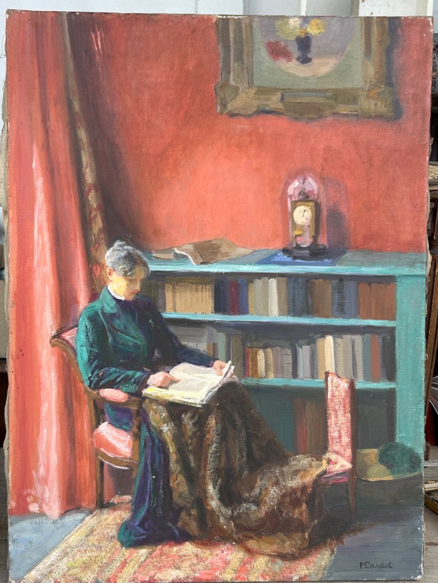 Mèryem Cardot 20th Century Oil On Canvas - Interior Scene - Woman Reading Around 1940