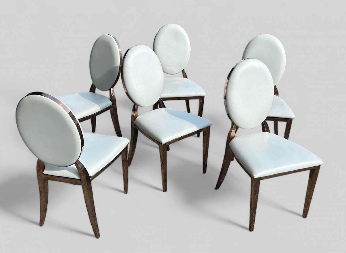 Set Of Six Medallion Back Chairs In Brass And White Leatherette Circa 1980-photo-1