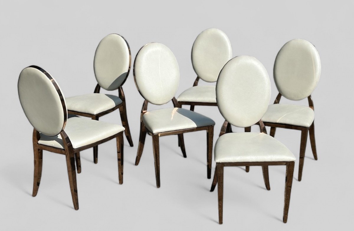 Set Of Six Medallion Back Chairs In Brass And White Leatherette Circa 1980