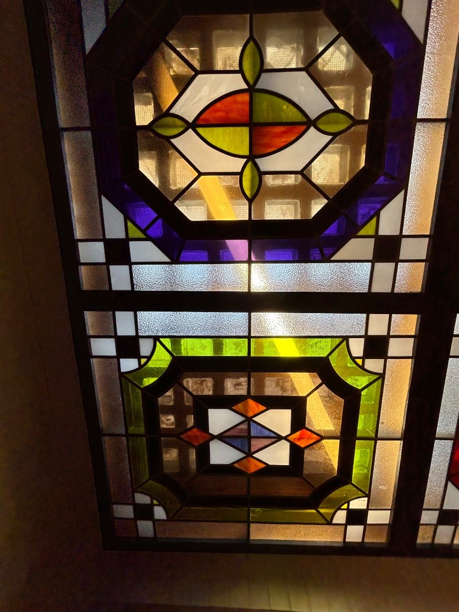 Important Lot Of Stained Glass Windows - Stained Glass - 18 Plates With Different Geometric Patterns Year 1970-photo-2