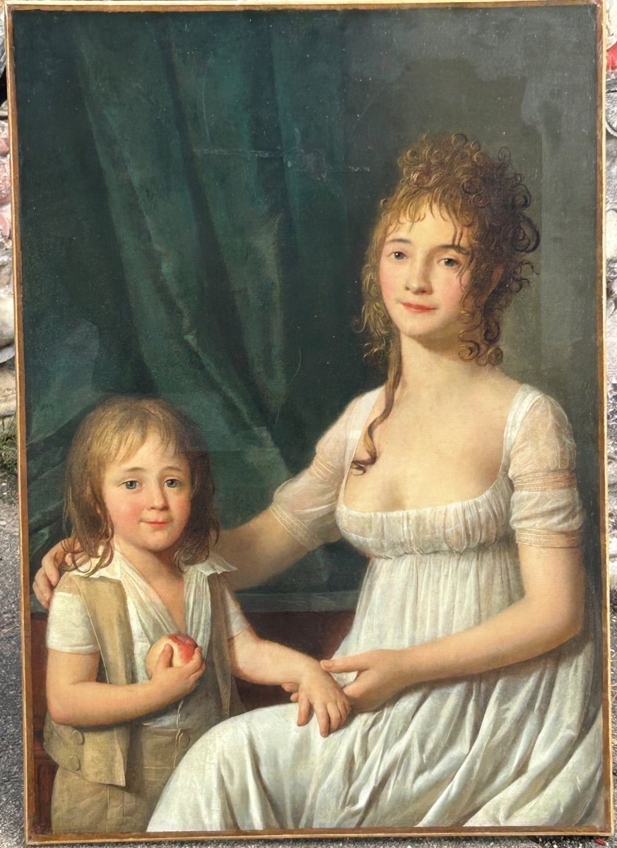 Portrait - Pair Of Portraits Of Couple And Child From The Directoire Or Empire Period H 92 Cm-photo-2