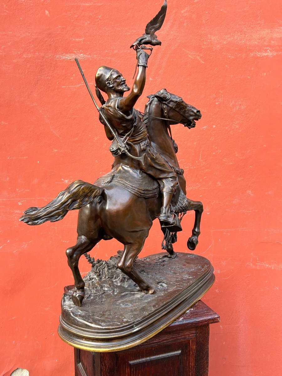 Pierre Jules Mène ( 1810-1879) Important Bronze Fauconnier Arabe à Cheval XIXéme H 78 Cm-photo-2