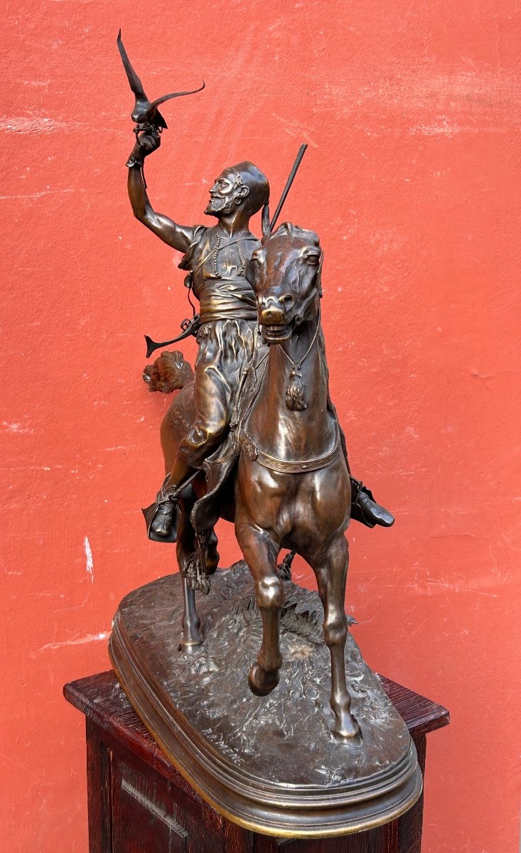 Pierre Jules Mène ( 1810-1879) Important Bronze Fauconnier Arabe à Cheval XIXéme H 78 Cm-photo-6