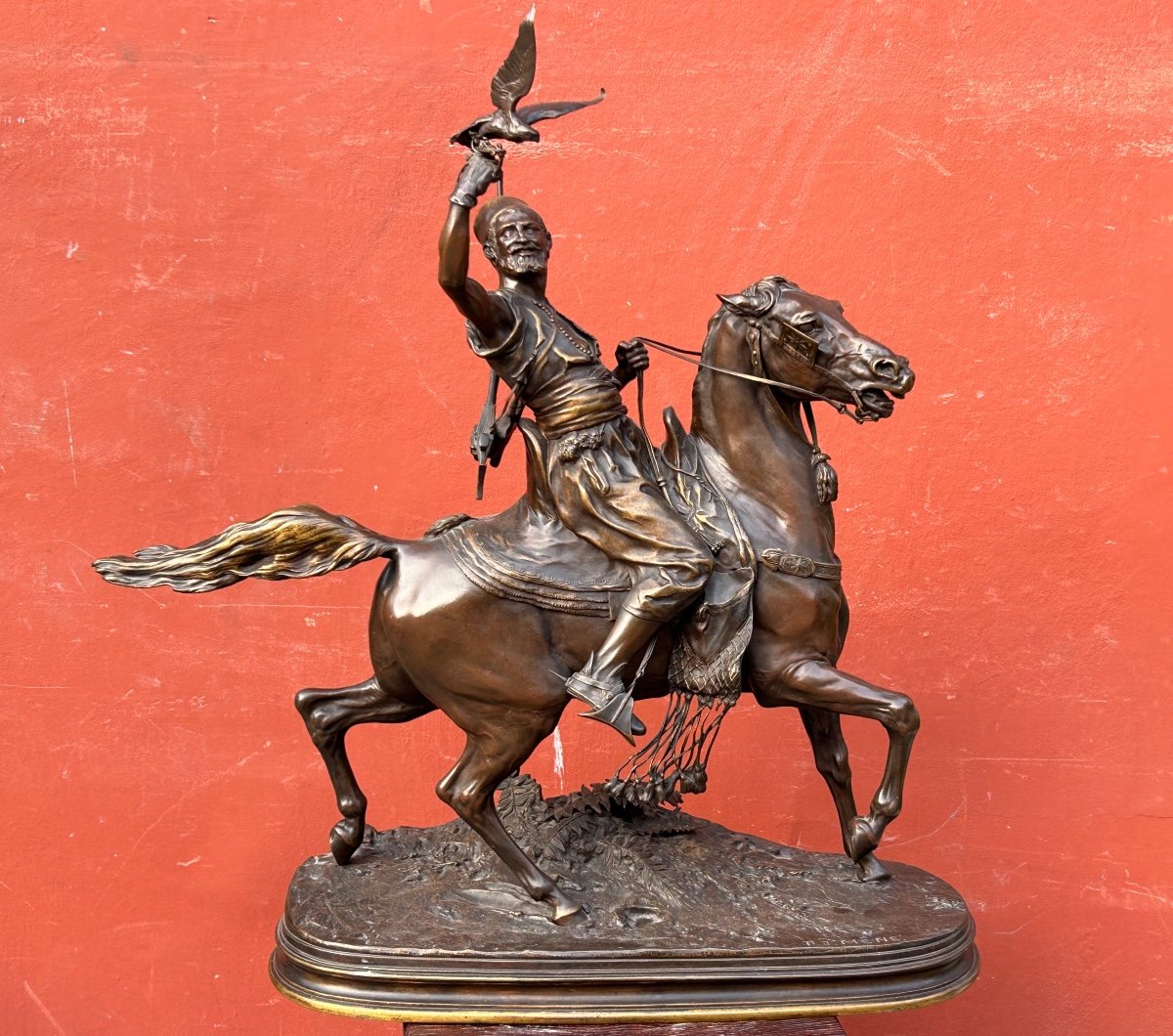 Pierre Jules Mène ( 1810-1879) Important Bronze Fauconnier Arabe à Cheval XIXéme H 78 Cm