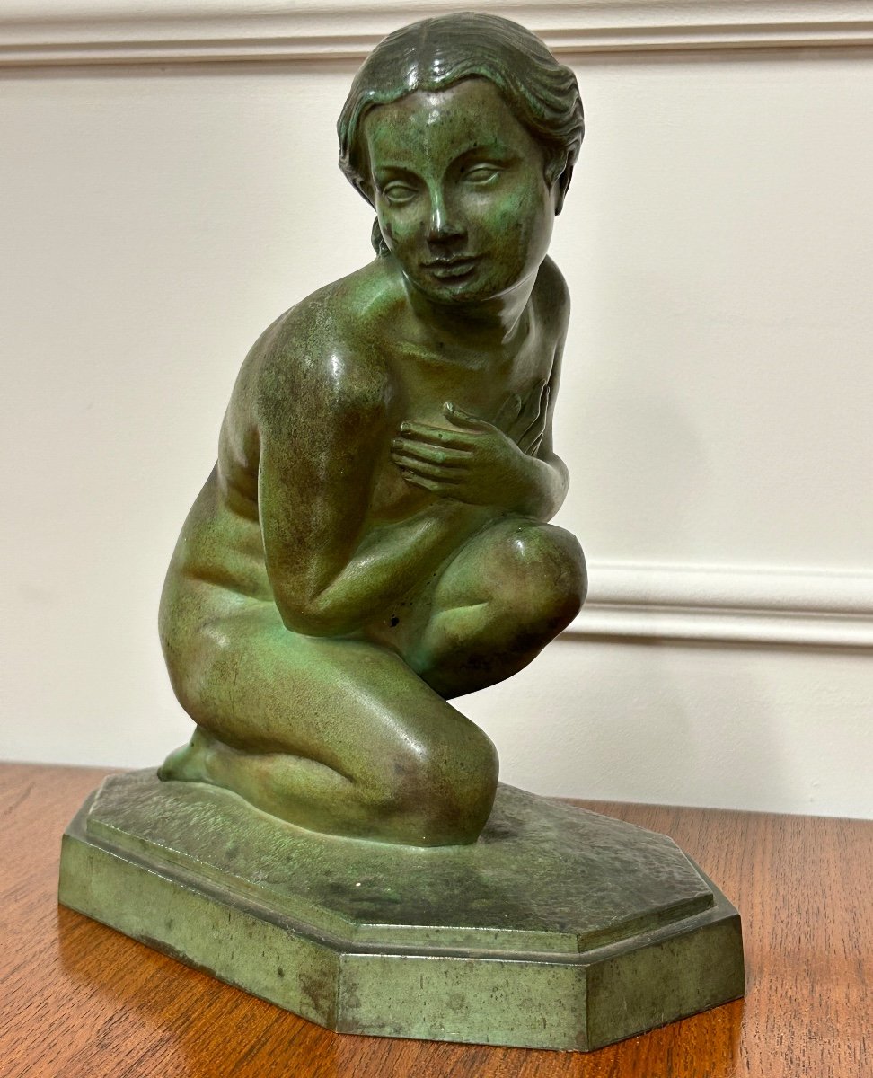 Lucien Charles Edouard Alliot (1877-1967) The Chilly Bronze With Green Patina Art Deco Period  -photo-2