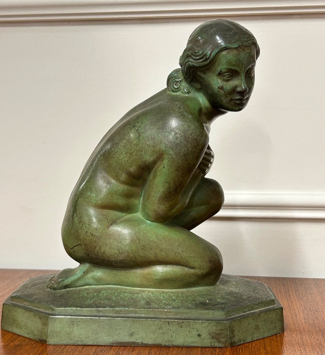 Lucien Charles Edouard Alliot (1877-1967) The Chilly Bronze With Green Patina Art Deco Period  