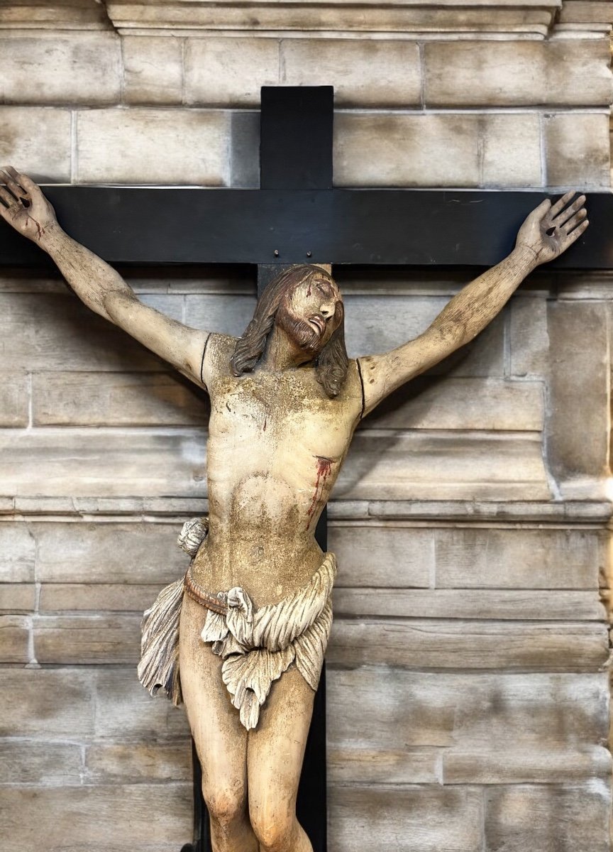 Christ On The Cross Suffering (life-size) Polychrome Wood, Late 18th Century H 250 Cm -photo-4