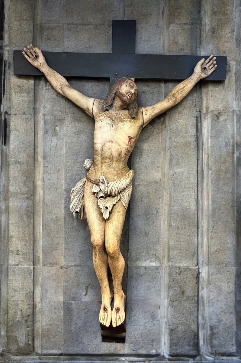 Christ En Croix Souffrant (grandeur Nature) Bois Polychrome D’époque Fin XVIIIème H 250 Cm -photo-2