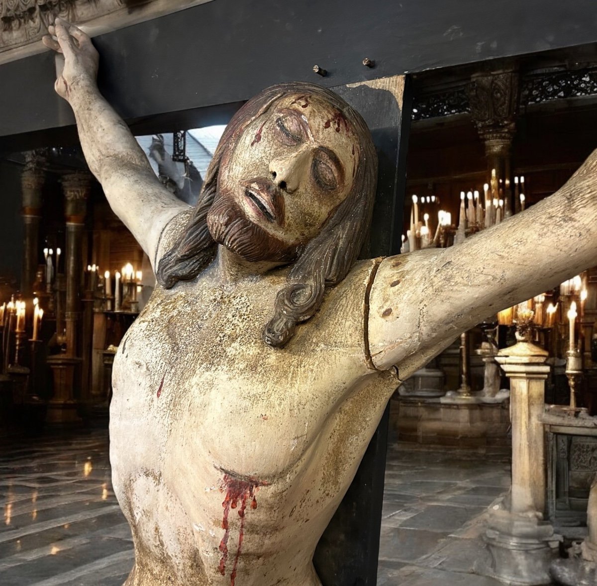 Christ On The Cross Suffering (life-size) Polychrome Wood, Late 18th Century H 250 Cm -photo-4