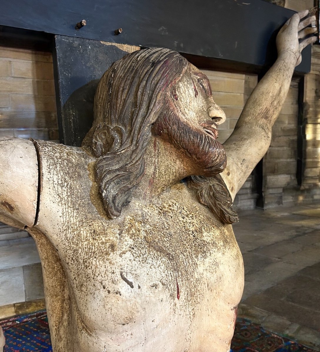 Christ En Croix Souffrant (grandeur Nature) Bois Polychrome D’époque Fin XVIIIème H 250 Cm -photo-7