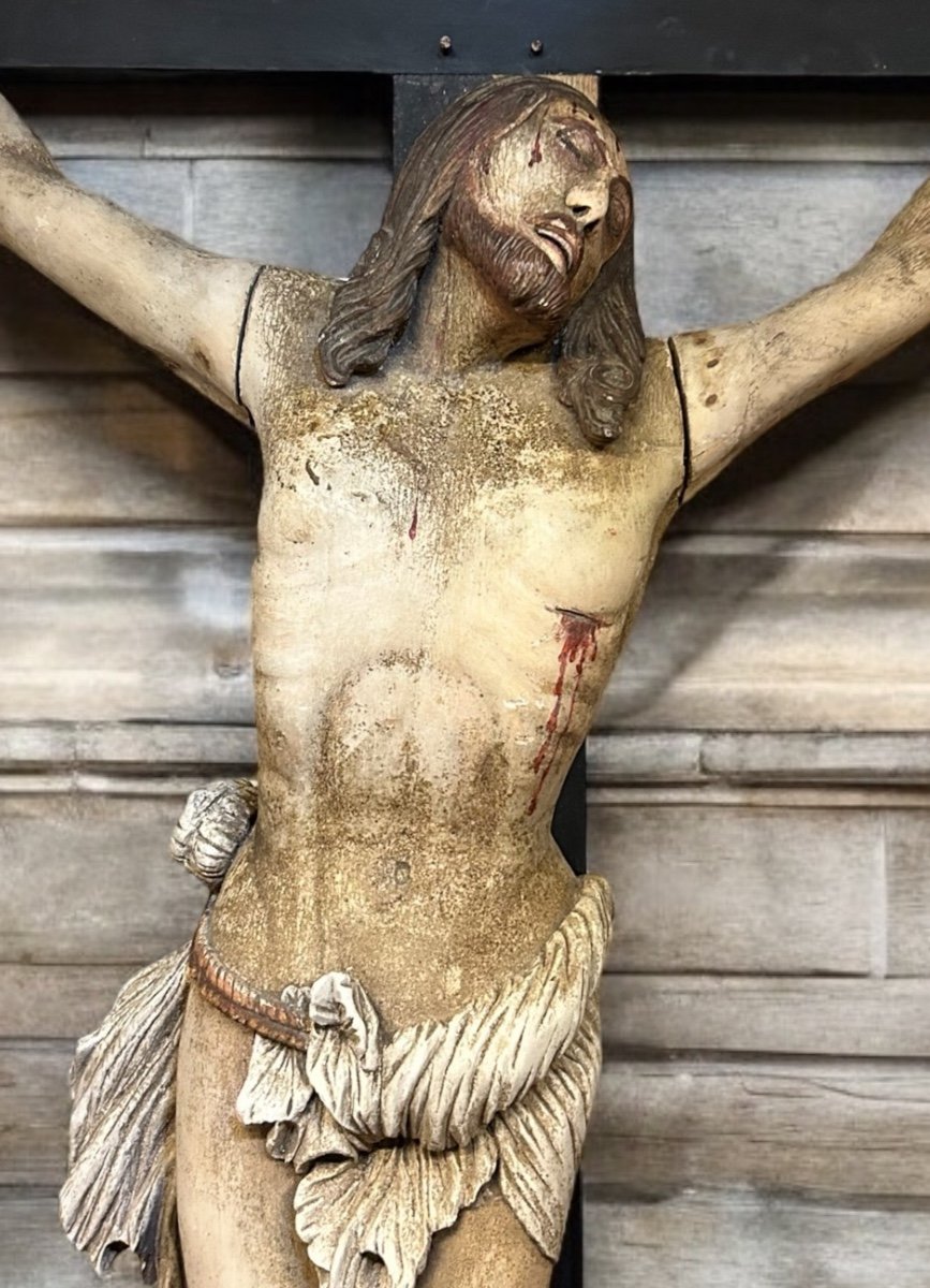 Christ En Croix Souffrant (grandeur Nature) Bois Polychrome D’époque Fin XVIIIème H 250 Cm -photo-8