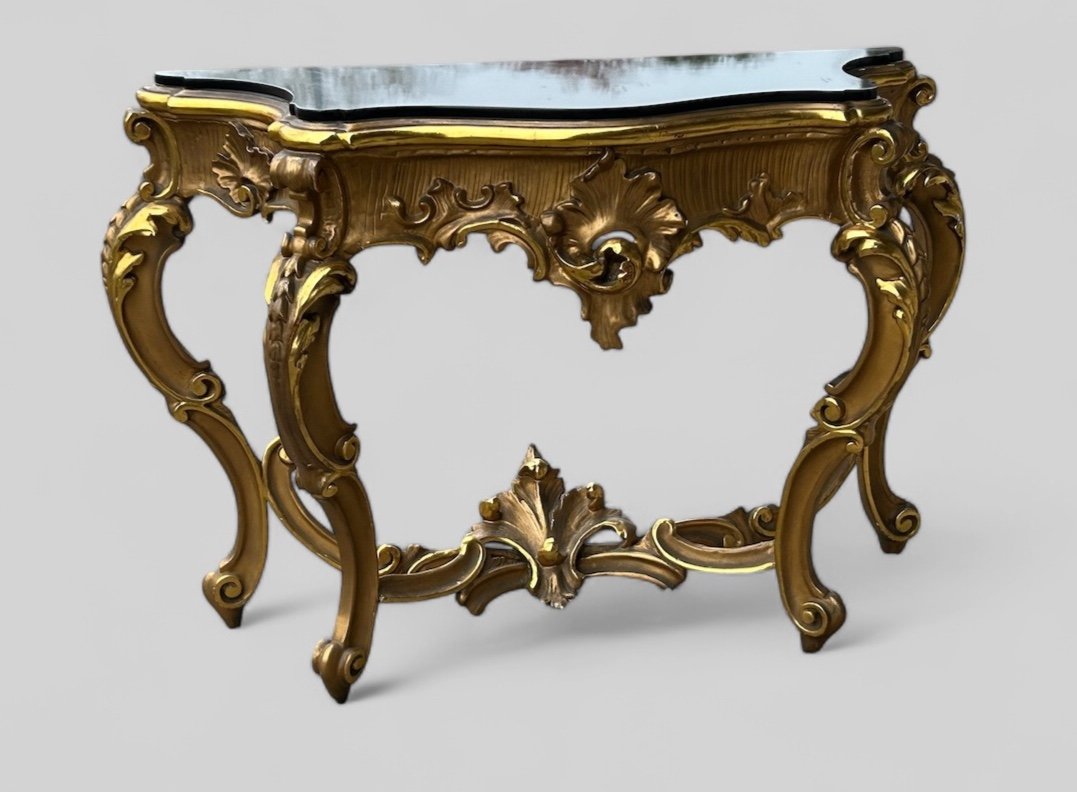 Large Italian Console In Gilded Wood In Louis XV Style, Late 19th Century, L 158 Cm-photo-2