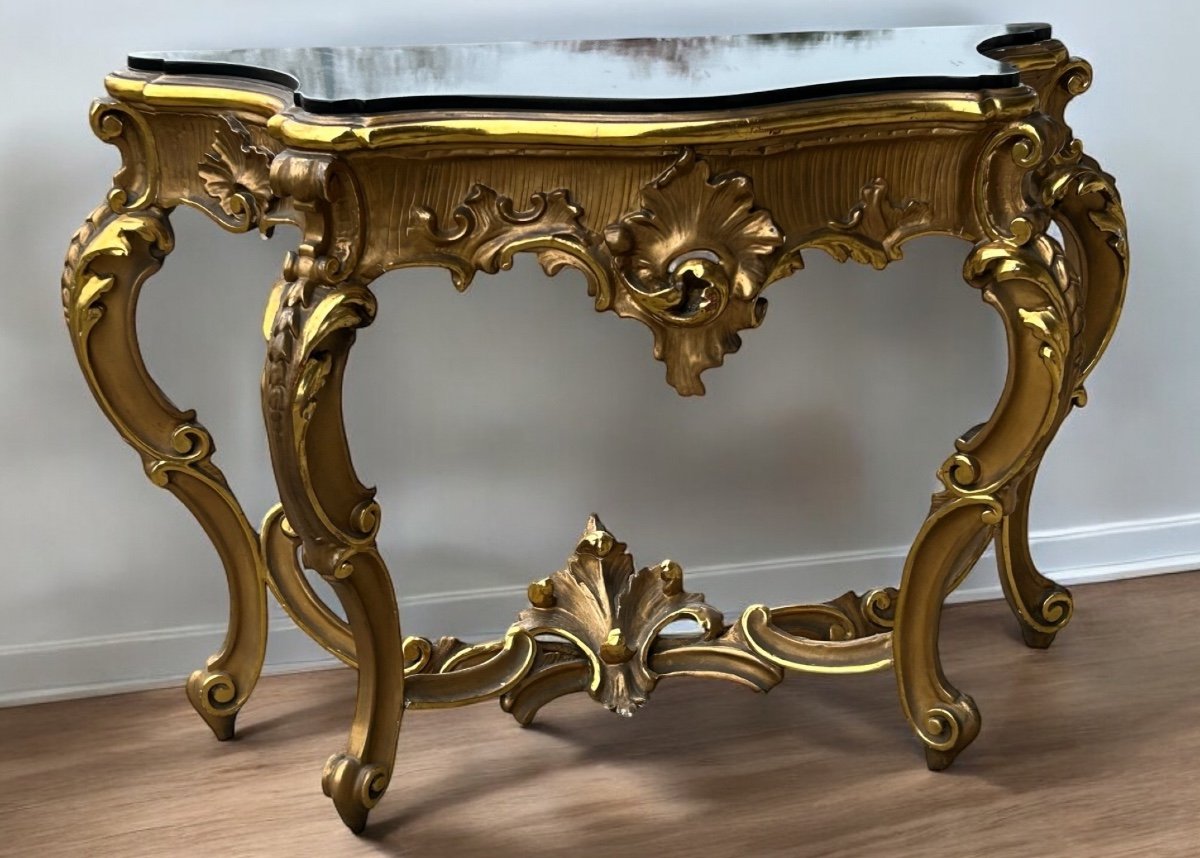 Large Italian Console In Gilded Wood In Louis XV Style, Late 19th Century, L 158 Cm-photo-3