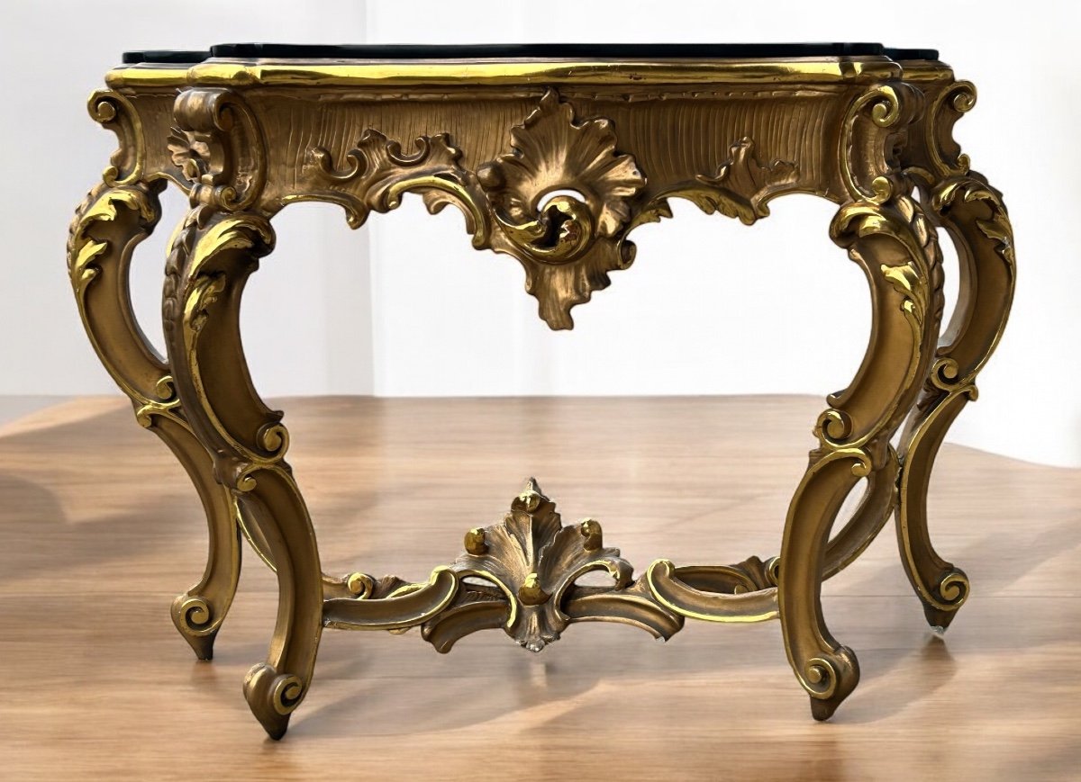 Large Italian Console In Gilded Wood In Louis XV Style, Late 19th Century, L 158 Cm