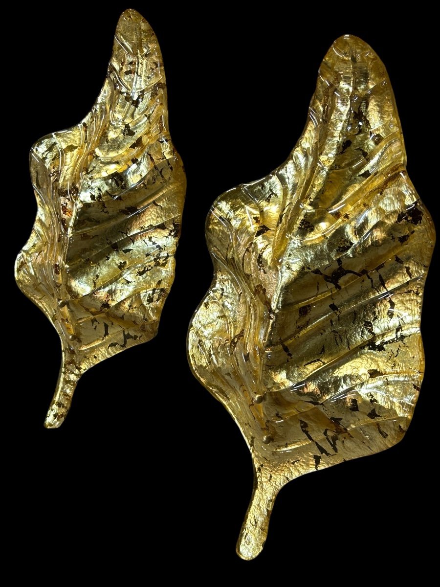 Large Pair Of Murano Gilded Glass Leaf Wall Lights - Italy Circa 1980 H 67 Cm-photo-1