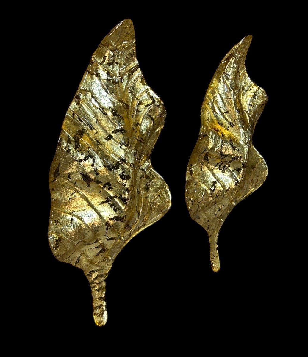 Large Pair Of Murano Gilded Glass Leaf Wall Lights - Italy Circa 1980 H 67 Cm-photo-2