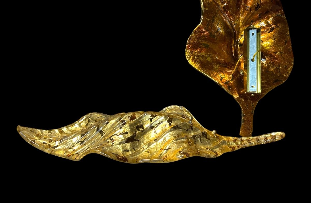 Large Pair Of Murano Gilded Glass Leaf Wall Lights - Italy Circa 1980 H 67 Cm-photo-3