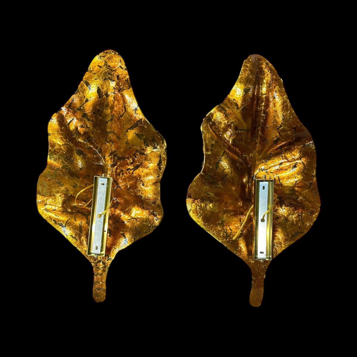 Large Pair Of Murano Gilded Glass Leaf Wall Lights - Italy Circa 1980 H 67 Cm-photo-6