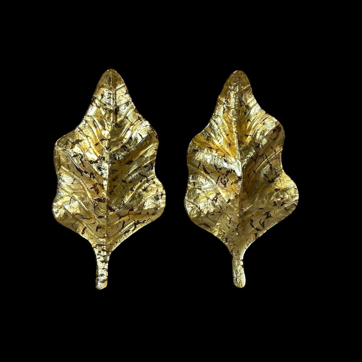 Large Pair Of Murano Gilded Glass Leaf Wall Lights - Italy Circa 1980 H 67 Cm-photo-8