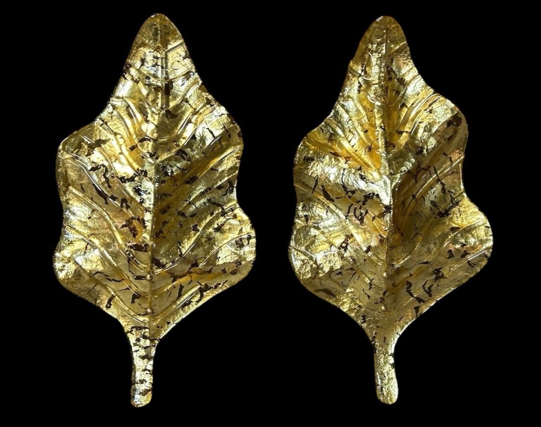 Large Pair Of Murano Gilded Glass Leaf Wall Lights - Italy Circa 1980 H 67 Cm