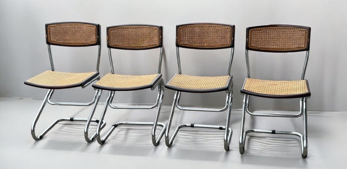 Suite De Quatre Chaises Tubulaires Vintage Italie Style Bauhaus Marcel Breuer Vers 1970-photo-2