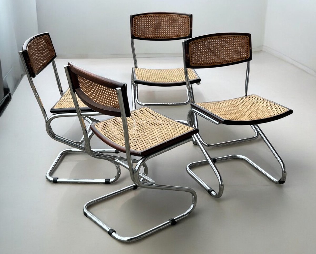 Suite De Quatre Chaises Tubulaires Vintage Italie Style Bauhaus Marcel Breuer Vers 1970-photo-6