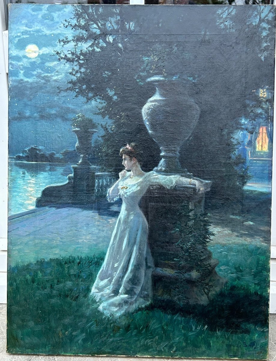 Marie Marguerite Barco ( 1882-1965) Mélancolie  Nocturne Huile Sur Toile Début XXéme -photo-2