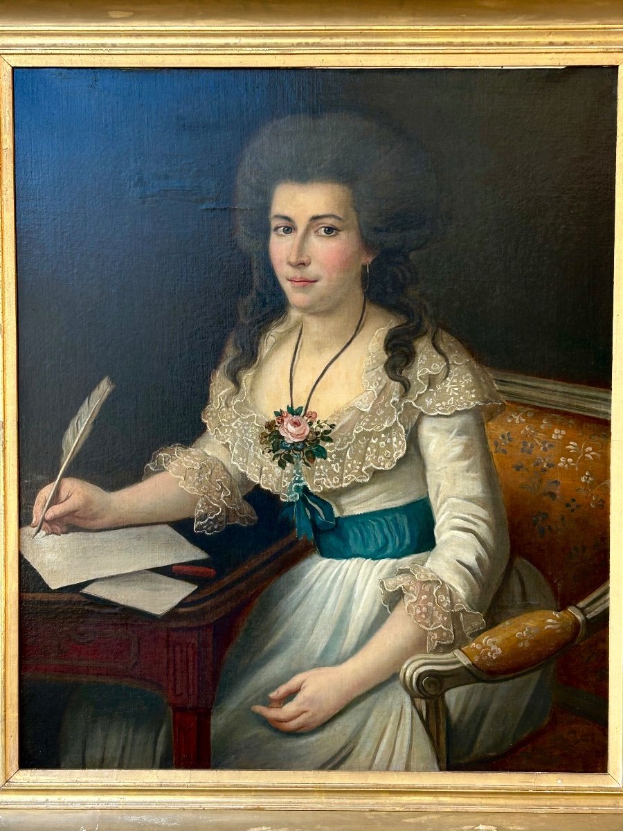 Grand Portrait De Femme à L’écriture Huile Sur Toile époque Fin XVIIIème -photo-2