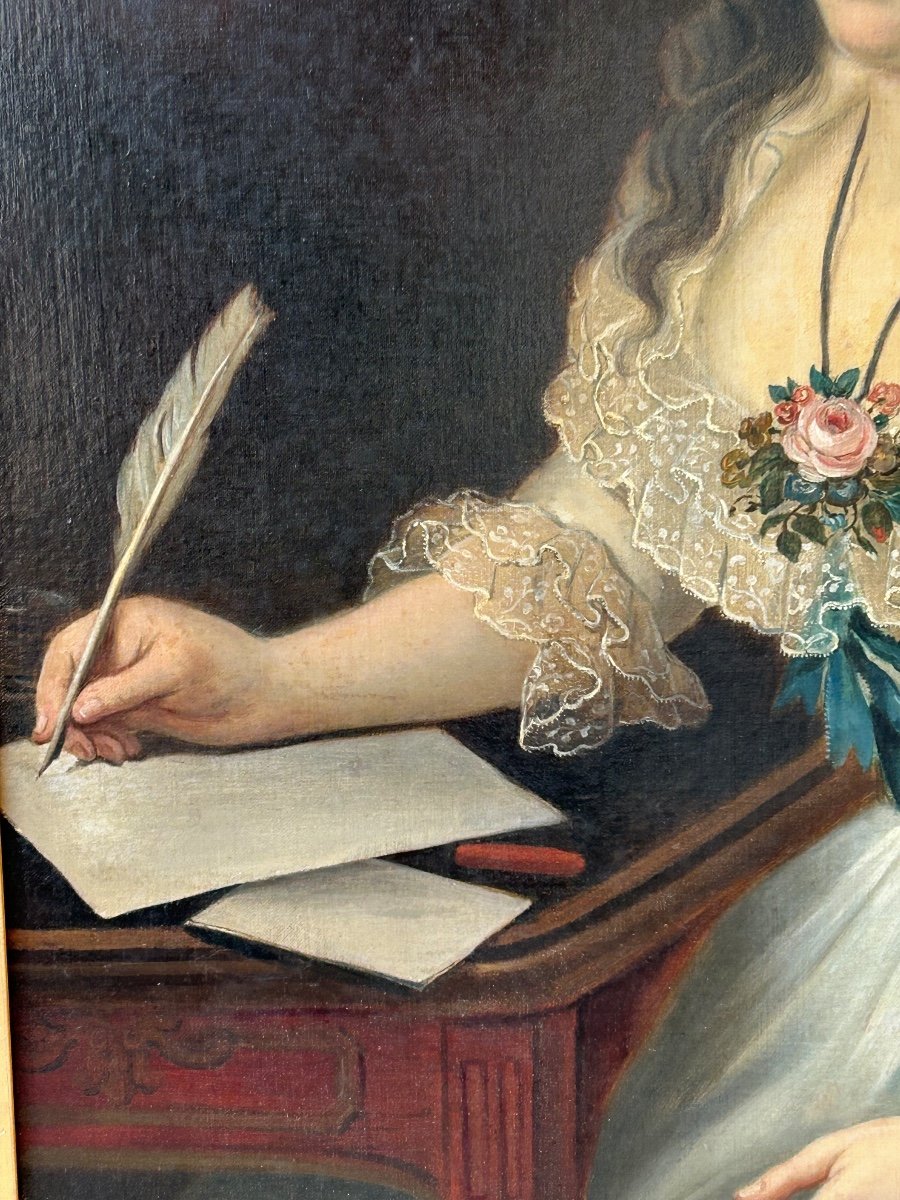 Grand Portrait De Femme à L’écriture Huile Sur Toile époque Fin XVIIIème -photo-4