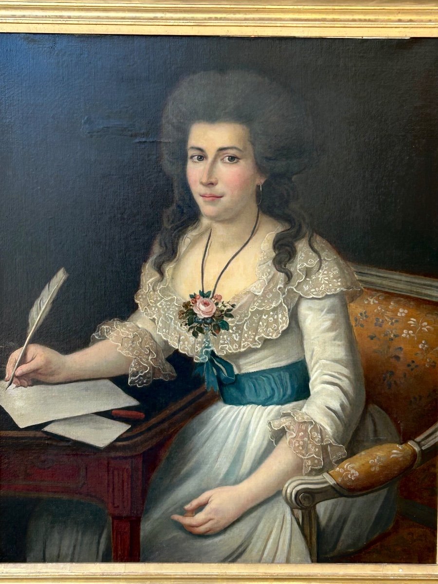 Grand Portrait De Femme à L’écriture Huile Sur Toile époque Fin XVIIIème -photo-2