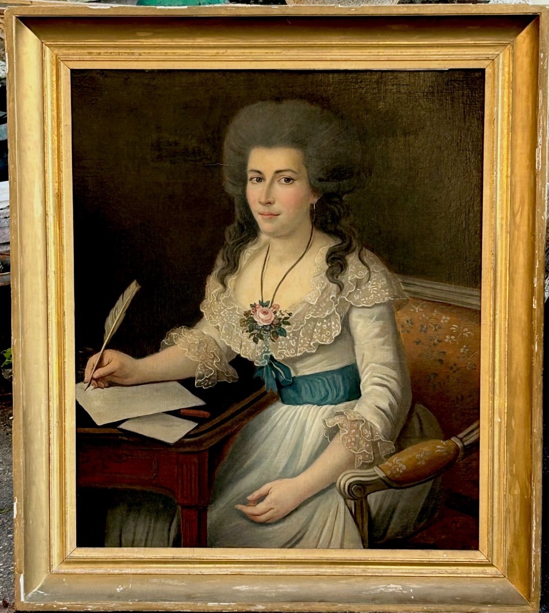 Grand Portrait De Femme à L’écriture Huile Sur Toile époque Fin XVIIIème -photo-3