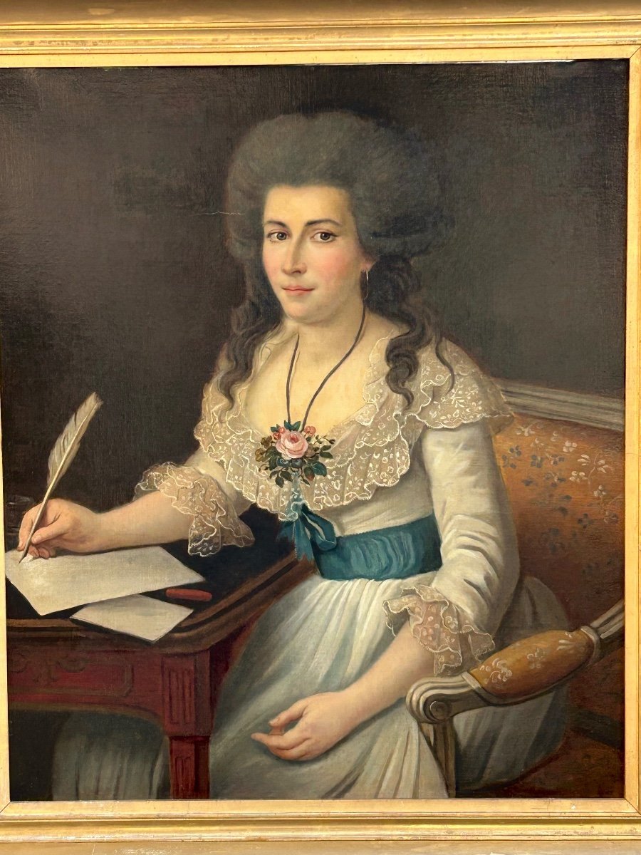 Grand Portrait De Femme à L’écriture Huile Sur Toile époque Fin XVIIIème -photo-6