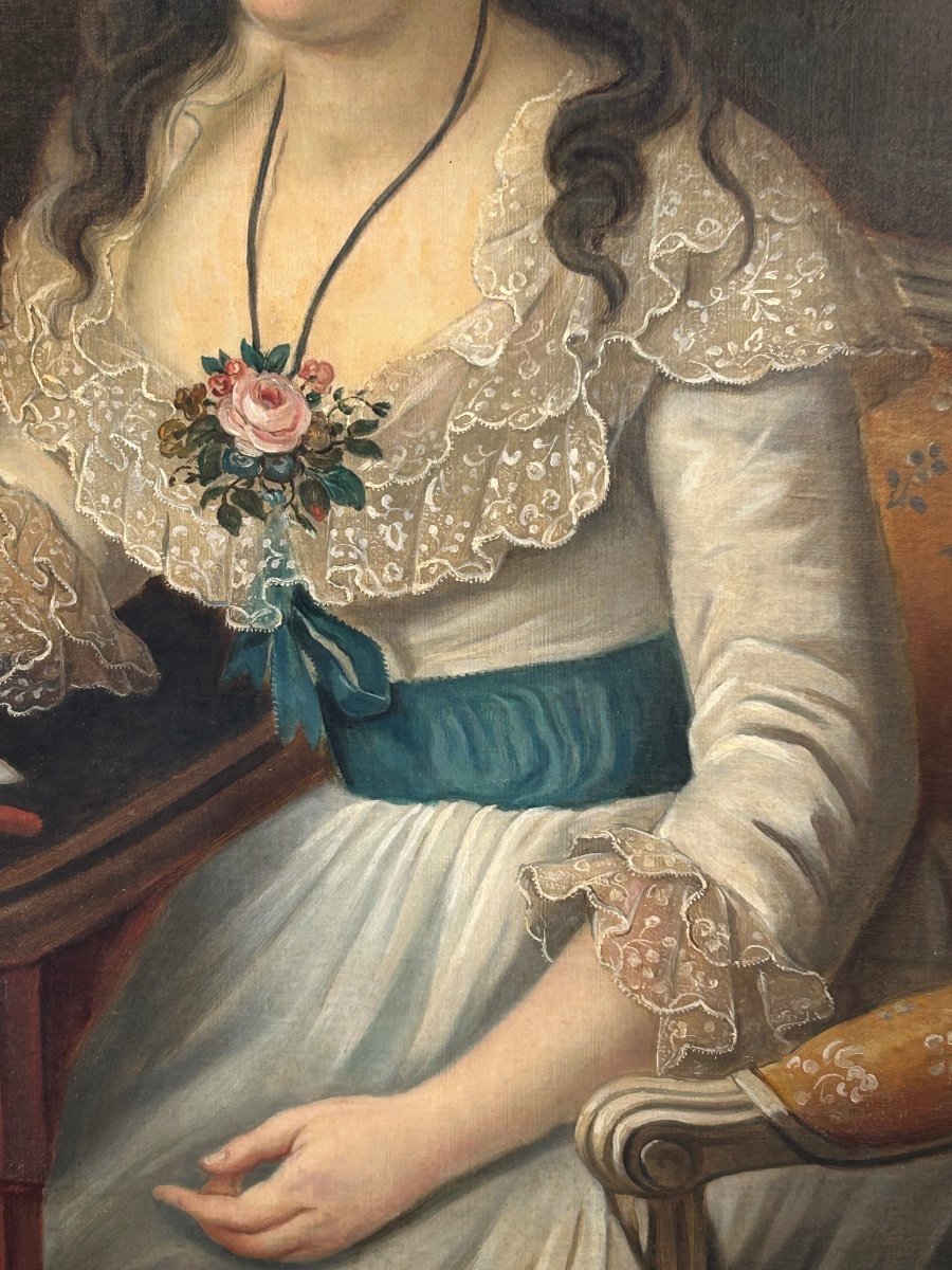 Grand Portrait De Femme à L’écriture Huile Sur Toile époque Fin XVIIIème -photo-7