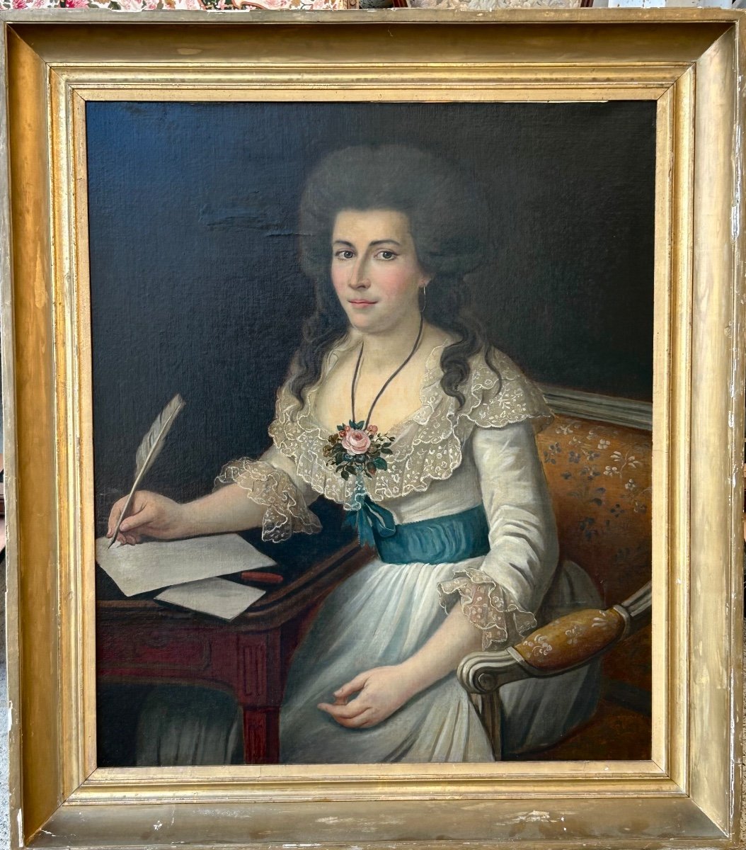 Grand Portrait De Femme à L’écriture Huile Sur Toile époque Fin XVIIIème 