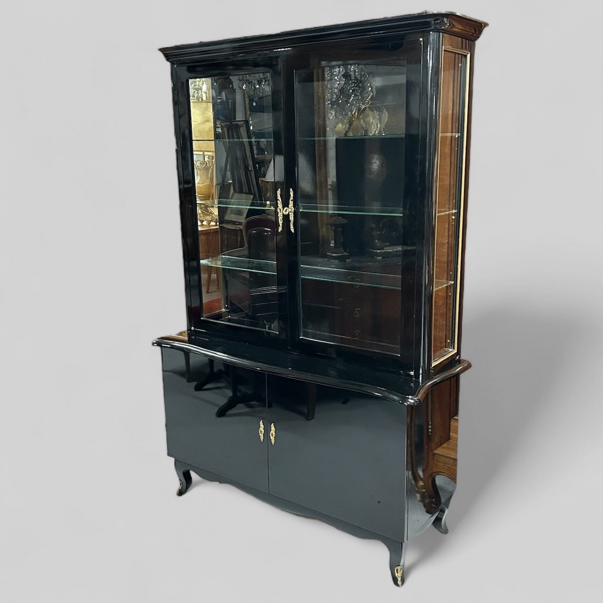 1950s Black Lacquered Two-body Display Cabinet - Bookcase -photo-2