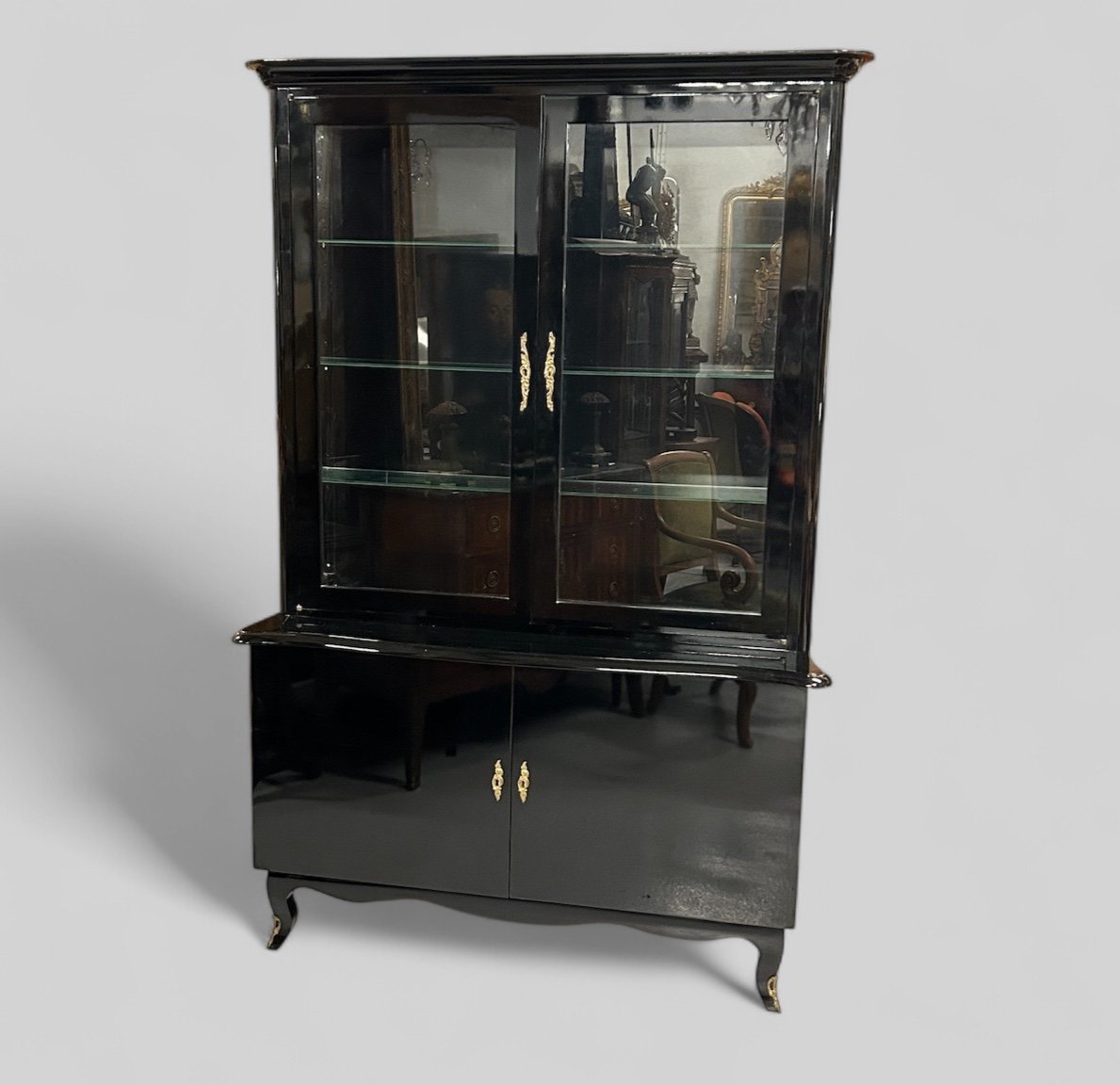 1950s Black Lacquered Two-body Display Cabinet - Bookcase -photo-3