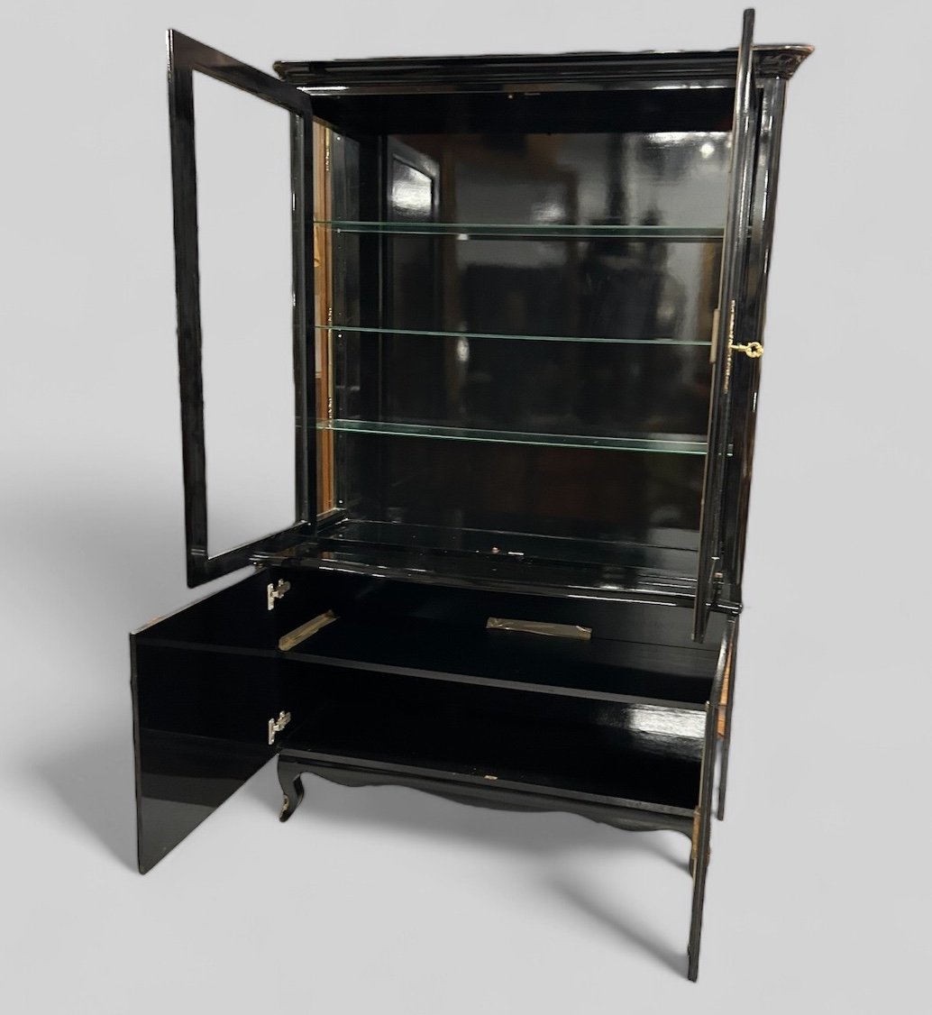 1950s Black Lacquered Two-body Display Cabinet - Bookcase -photo-5