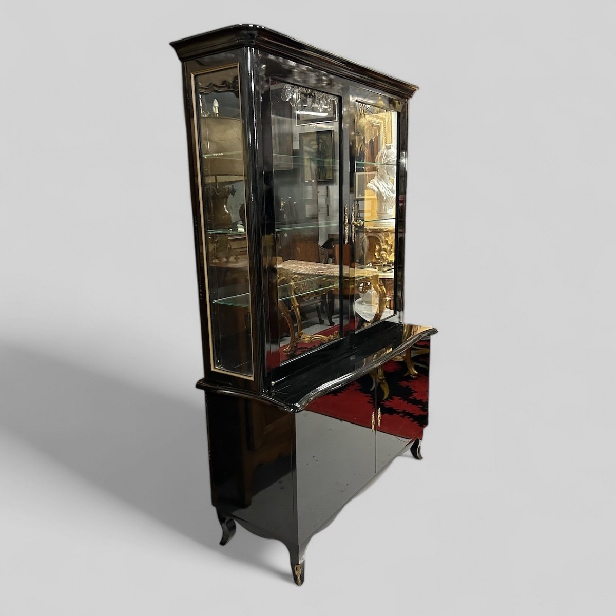 Buffet Deux Corps En Vitrine Des Années 1950 Laqué Noir - bibliothèque -photo-8