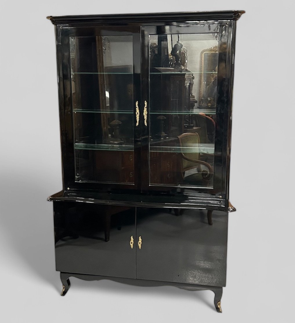 1950s Black Lacquered Two-body Display Cabinet - Bookcase 