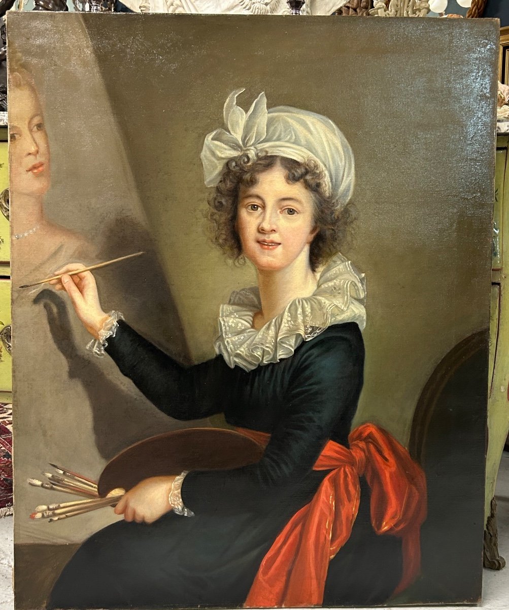 Elisabeth Vigièe- Lebrun (1755-1842) D’après Autoportrait - Huile Sur Toile Portrait H 100 Cm-photo-3