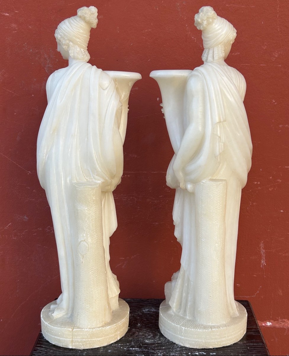 Pair Of Alabaster Sculptures Of Women Draped In Antique Style, Early 19th Century Empire - Italy-photo-2