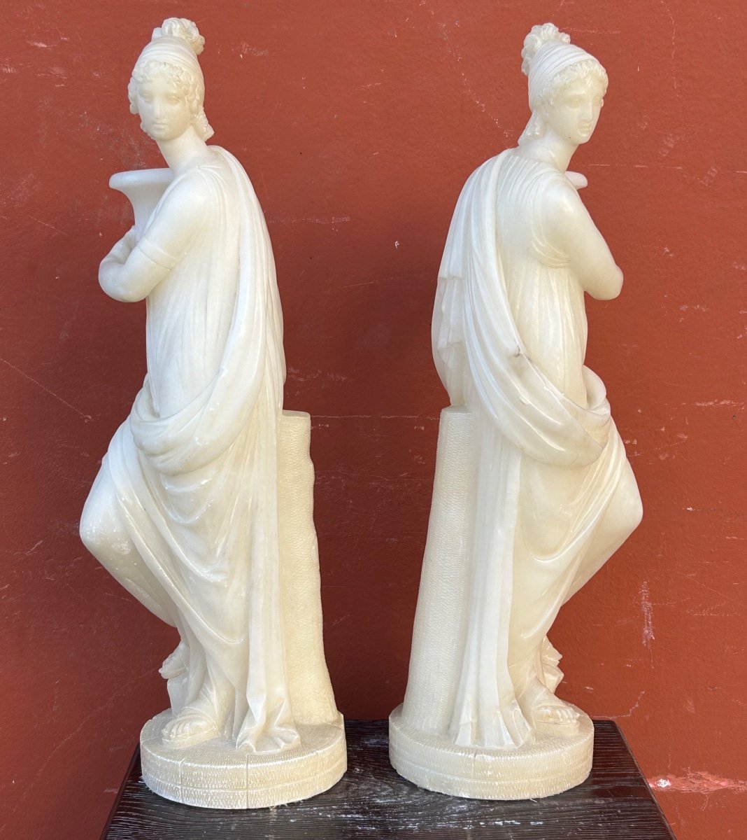 Pair Of Alabaster Sculptures Of Women Draped In Antique Style, Early 19th Century Empire - Italy-photo-3