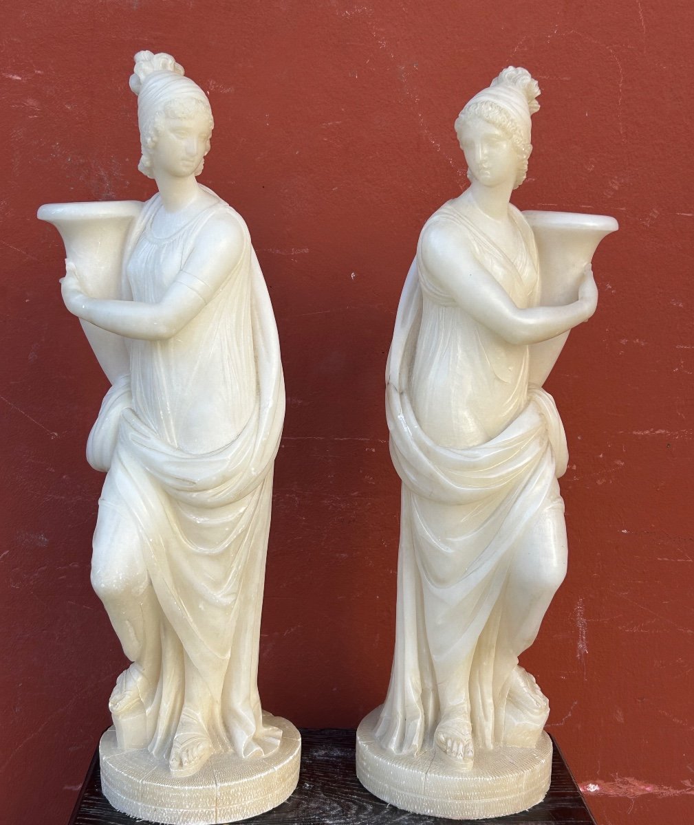 Pair Of Alabaster Sculptures Of Women Draped In Antique Style, Early 19th Century Empire - Italy-photo-6