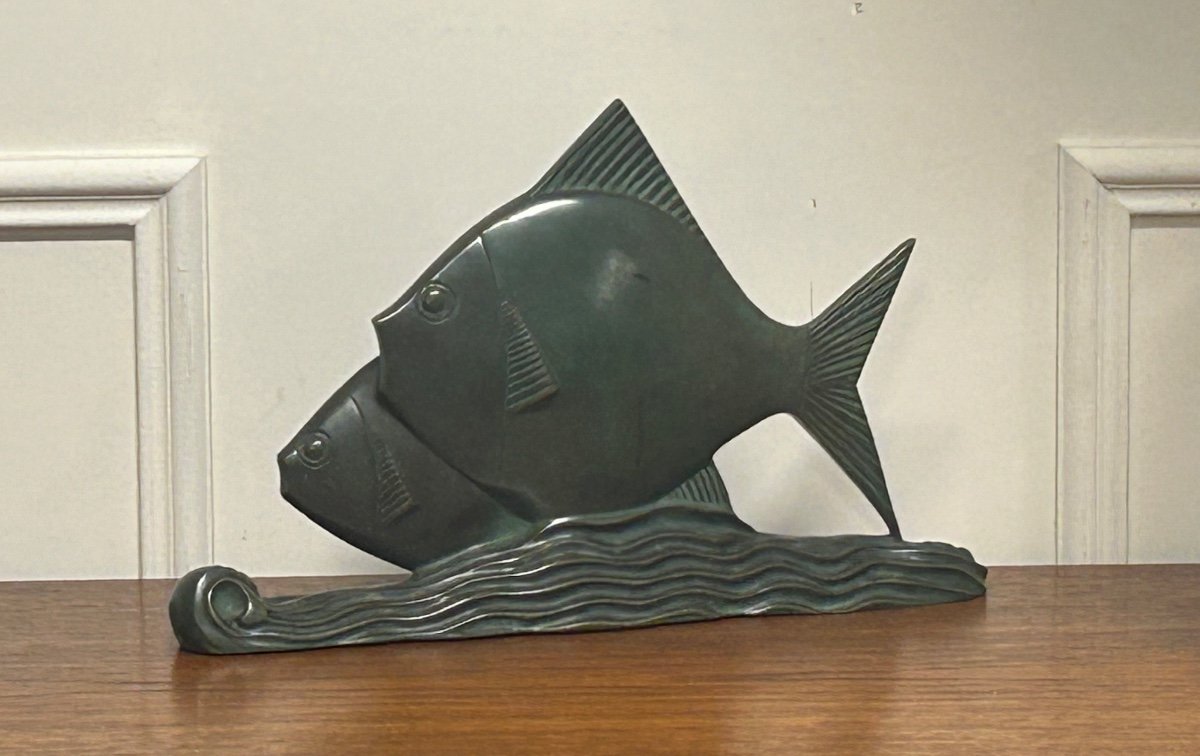  Rare Bronze Art Deco Fish Green Patina Circa 1930 -photo-2