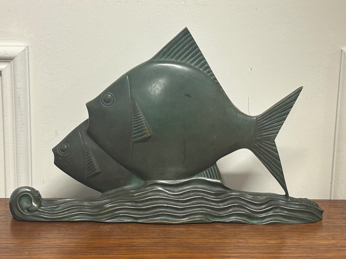  Rare Bronze Art Deco Fish Green Patina Circa 1930 -photo-3