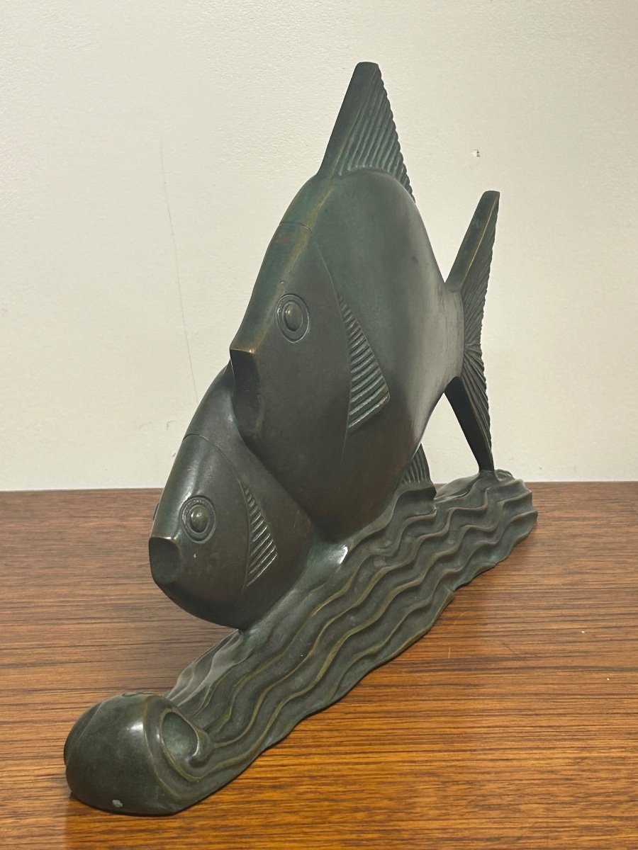  Rare Bronze Art Deco Fish Green Patina Circa 1930 -photo-4