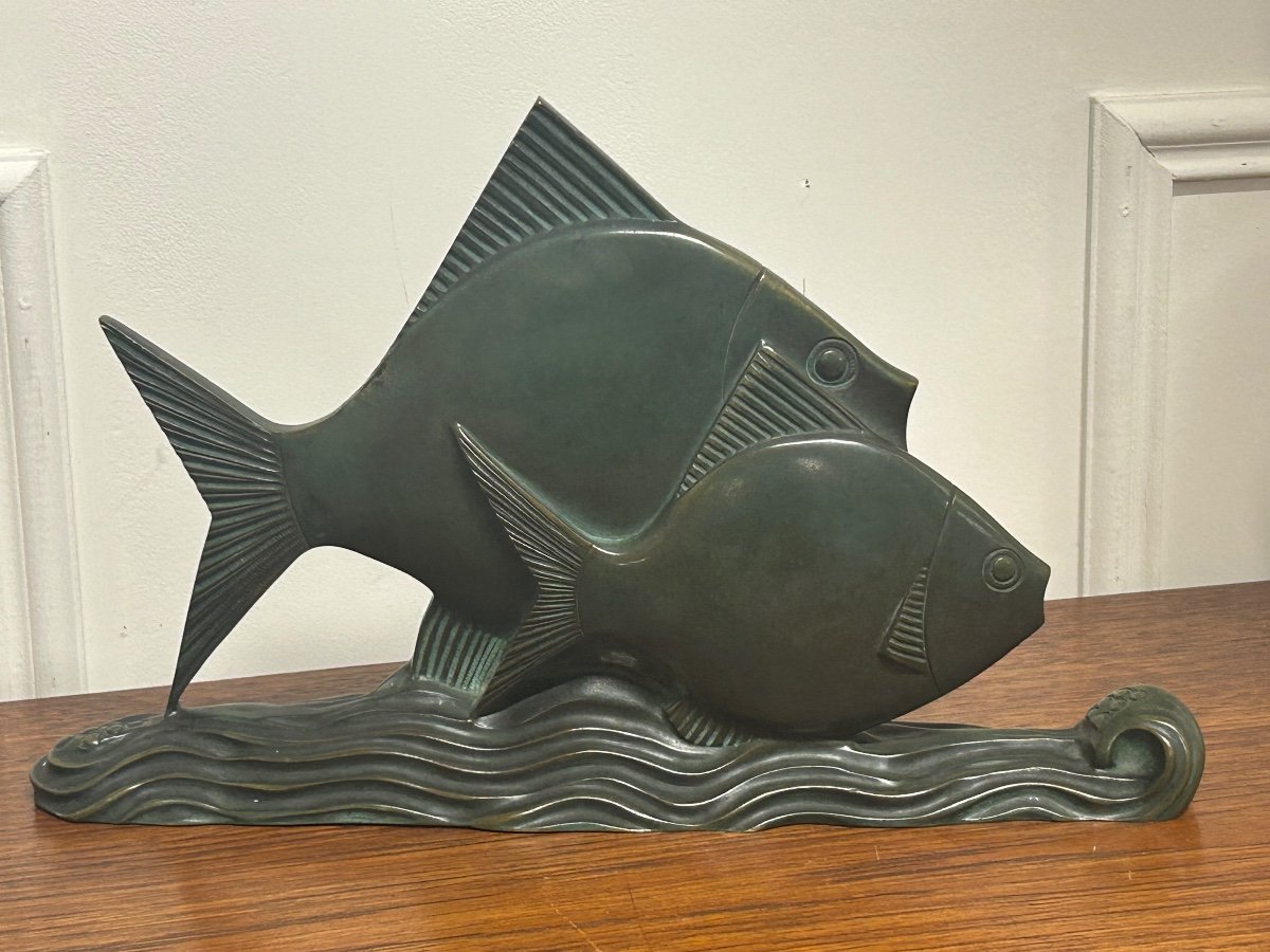  Rare Bronze Art Deco Fish Green Patina Circa 1930 -photo-3