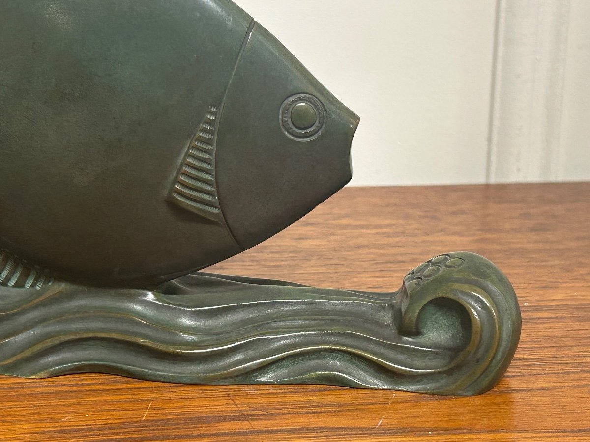  Rare Bronze Art Deco Fish Green Patina Circa 1930 -photo-4